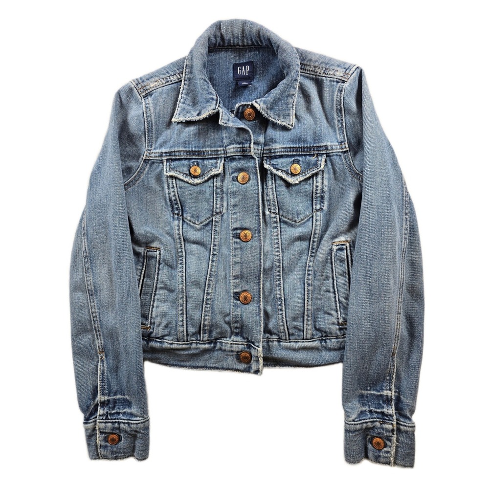 Gap Denim Jacket Womens XS Blue Jean Cotton Classic Trucker Distressed Wash‎